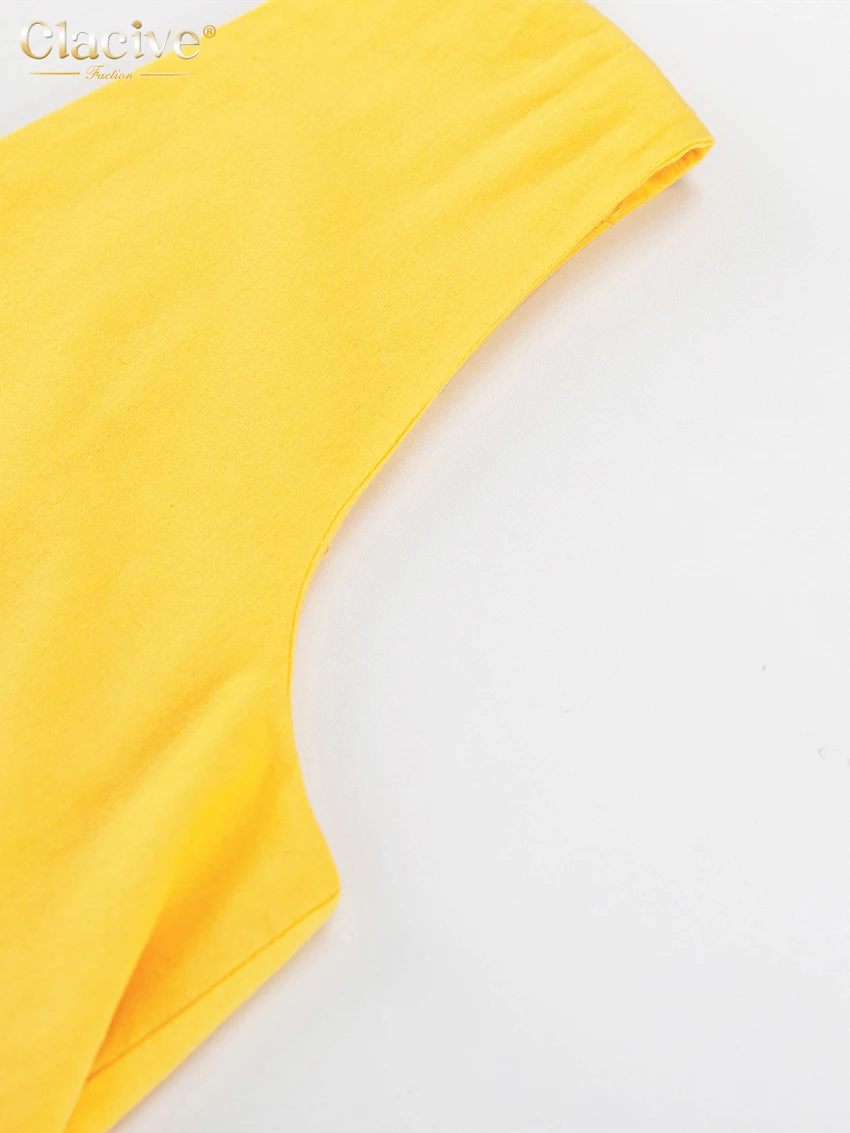 Clacive Sexy Yellow Linen Summer Dress Fashion Deep V-Neck Sleeveless Midi Dress Elegant Ruffle Backless Dresses For Women 2023