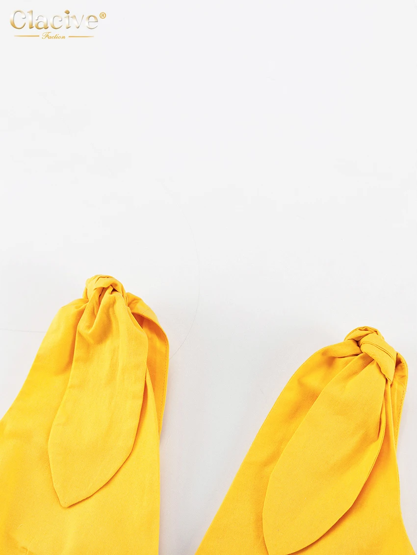 Clacive Sexy Yellow Linen Summer Dress Fashion Deep V-Neck Sleeveless Midi Dress Elegant Ruffle Backless Dresses For Women 2023
