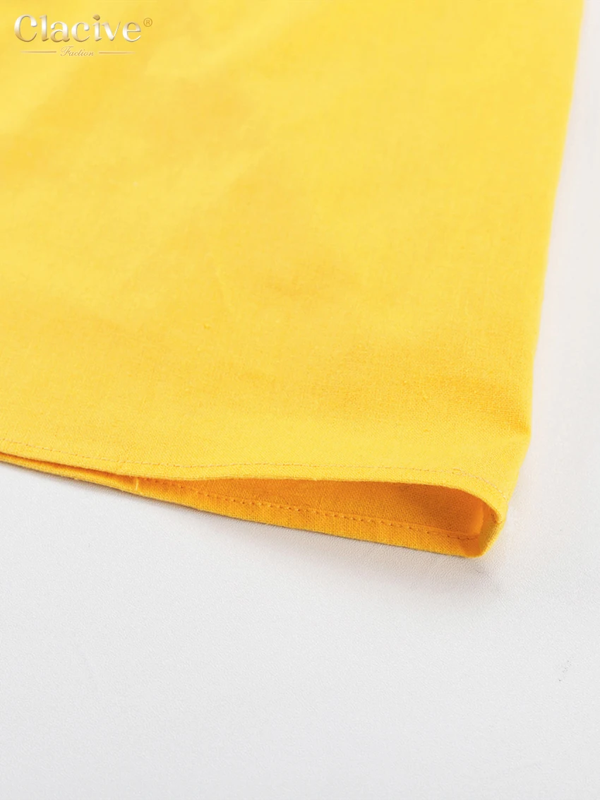 Clacive Sexy Yellow Linen Summer Dress Fashion Deep V-Neck Sleeveless Midi Dress Elegant Ruffle Backless Dresses For Women 2023