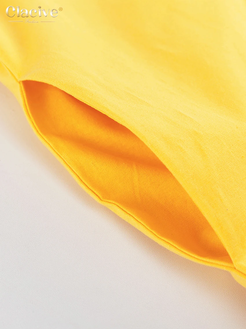 Clacive Sexy Yellow Linen Summer Dress Fashion Deep V-Neck Sleeveless Midi Dress Elegant Ruffle Backless Dresses For Women 2023