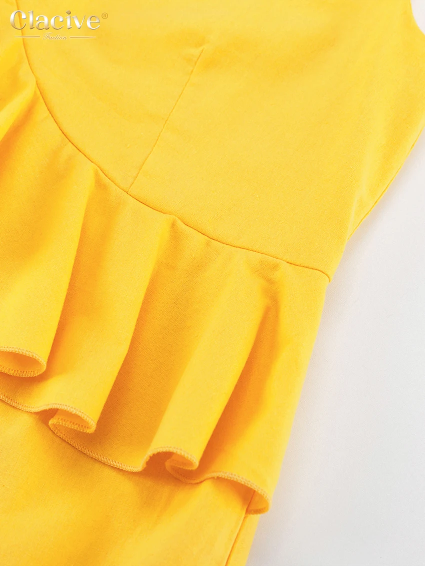 Clacive Sexy Yellow Linen Summer Dress Fashion Deep V-Neck Sleeveless Midi Dress Elegant Ruffle Backless Dresses For Women 2023