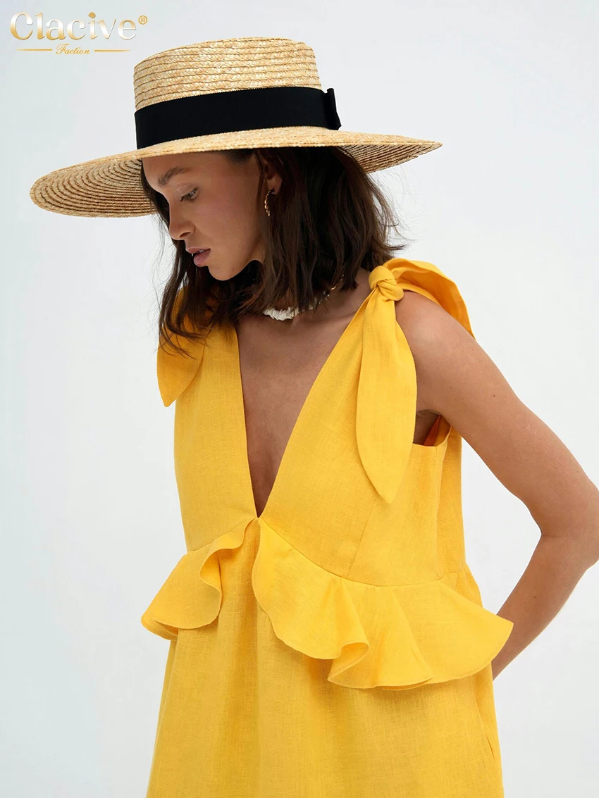 Clacive Sexy Yellow Linen Summer Dress Fashion Deep V-Neck Sleeveless Midi Dress Elegant Ruffle Backless Dresses For Women 2023