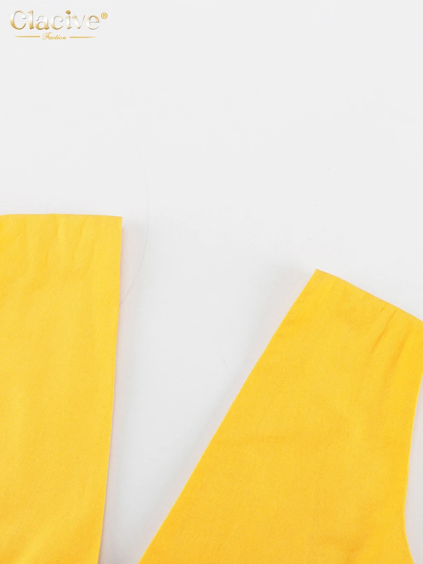 Clacive Sexy Yellow Linen Summer Dress Fashion Deep V-Neck Sleeveless Midi Dress Elegant Ruffle Backless Dresses For Women 2023