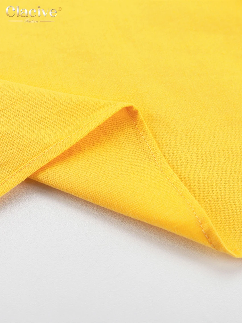 Clacive Sexy Yellow Linen Summer Dress Fashion Deep V-Neck Sleeveless Midi Dress Elegant Ruffle Backless Dresses For Women 2023