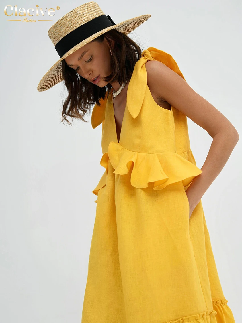 Clacive Sexy Yellow Linen Summer Dress Fashion Deep V-Neck Sleeveless Midi Dress Elegant Ruffle Backless Dresses For Women 2023