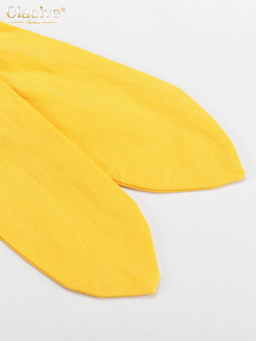 Clacive Sexy Yellow Linen Summer Dress Fashion Deep V-Neck Sleeveless Midi Dress Elegant Ruffle Backless Dresses For Women 2023
