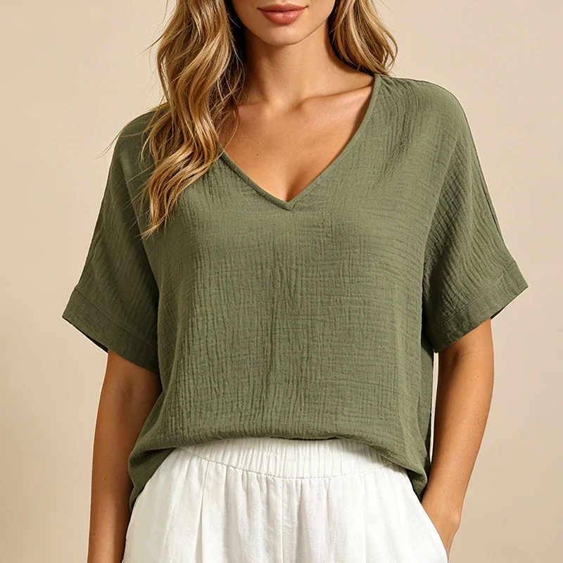 Chic 100% Cotton Muslin Top For Women T-shirt Sexy V-neck Short Sleeve Casual Loose Streetwear Gauze Shirt Ropa Mujer Camisetas