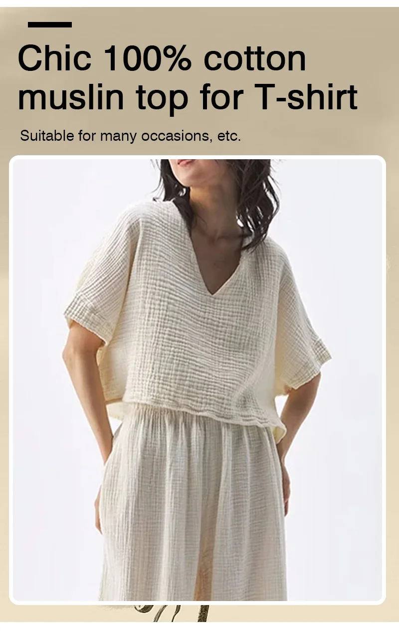 Chic 100% Cotton Muslin Top For Women T-shirt Sexy V-neck Short Sleeve Casual Loose Streetwear Gauze Shirt Ropa Mujer Camisetas