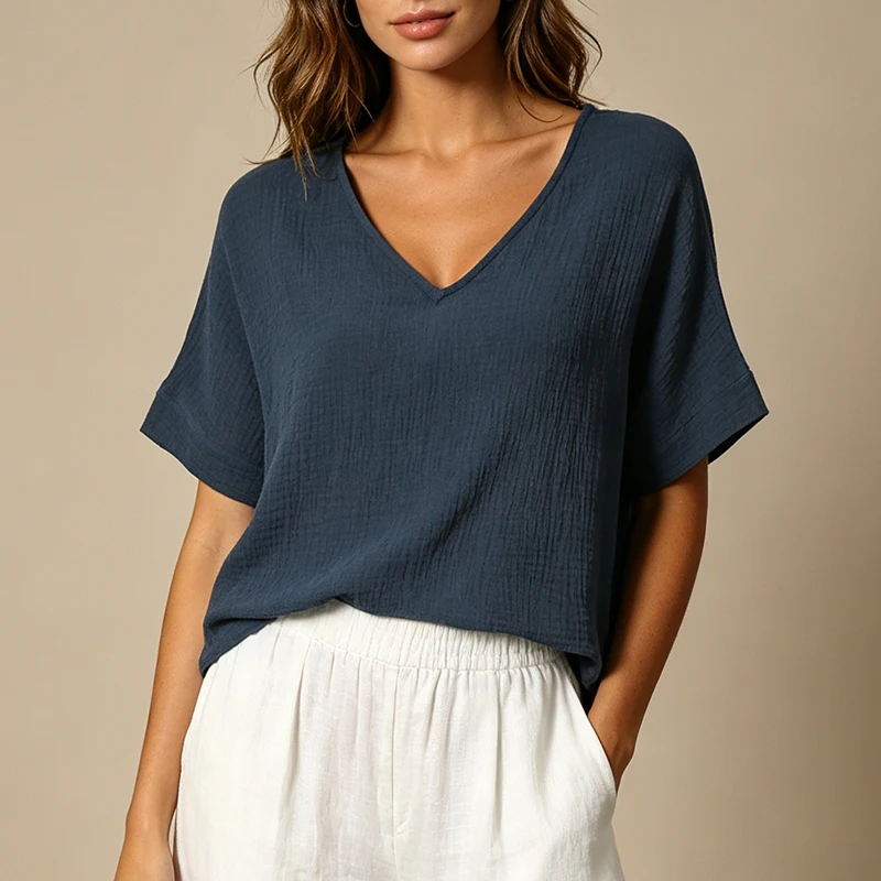 Chic 100% Cotton Muslin Top For Women T-shirt Sexy V-neck Short Sleeve Casual Loose Streetwear Gauze Shirt Ropa Mujer Camisetas