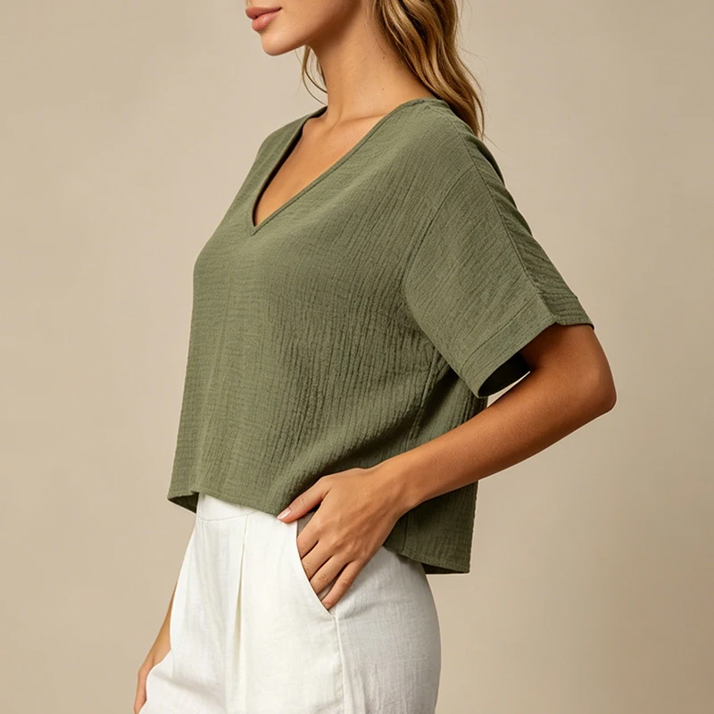 Chic 100% Cotton Muslin Top For Women T-shirt Sexy V-neck Short Sleeve Casual Loose Streetwear Gauze Shirt Ropa Mujer Camisetas