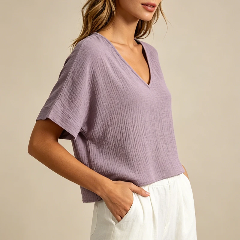 Chic 100% Cotton Muslin Top For Women T-shirt Sexy V-neck Short Sleeve Casual Loose Streetwear Gauze Shirt Ropa Mujer Camisetas