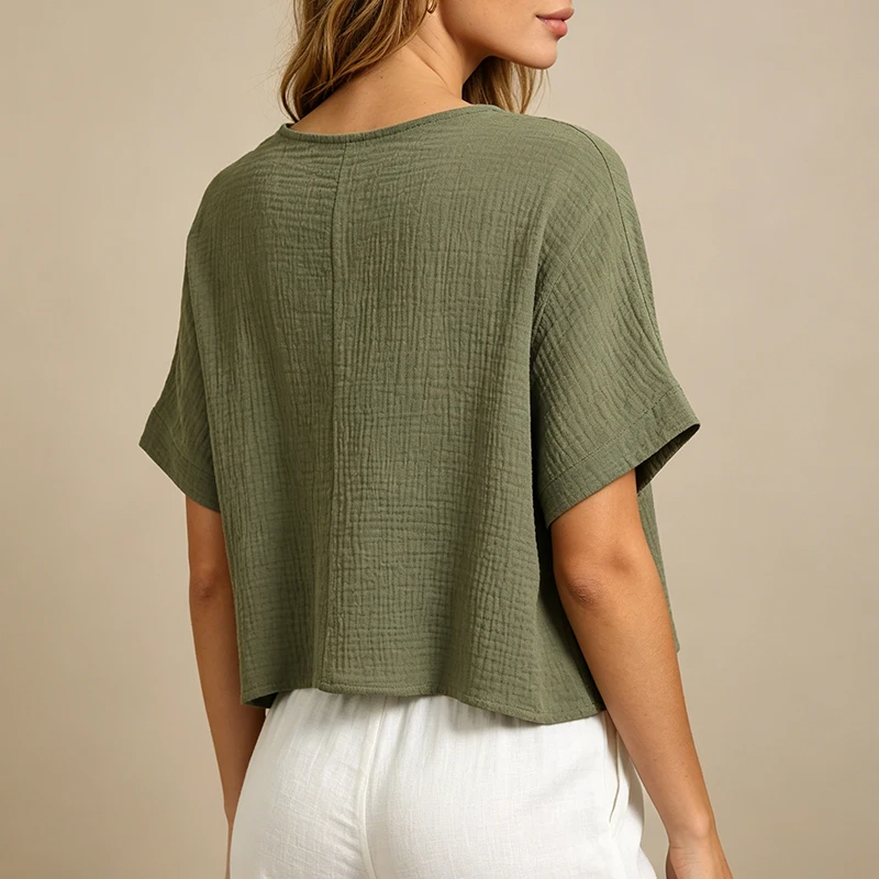 Chic 100% Cotton Muslin Top For Women T-shirt Sexy V-neck Short Sleeve Casual Loose Streetwear Gauze Shirt Ropa Mujer Camisetas
