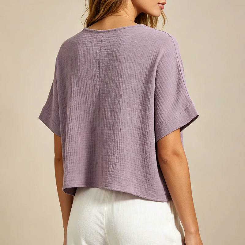 Chic 100% Cotton Muslin Top For Women T-shirt Sexy V-neck Short Sleeve Casual Loose Streetwear Gauze Shirt Ropa Mujer Camisetas