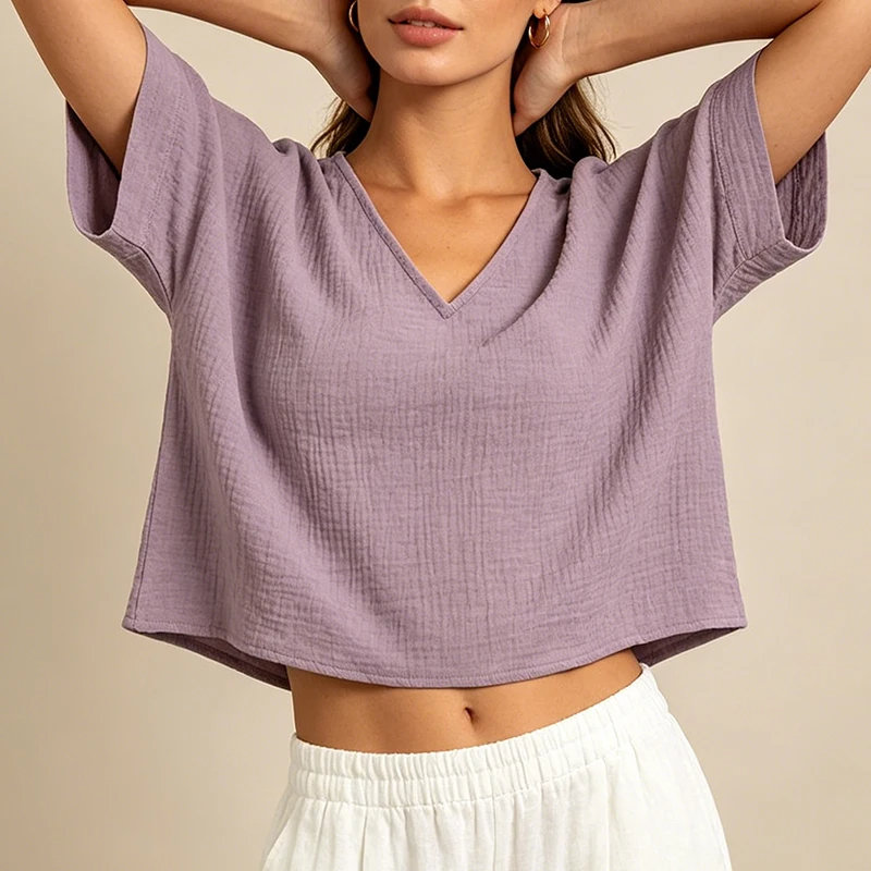 Chic 100% Cotton Muslin Top For Women T-shirt Sexy V-neck Short Sleeve Casual Loose Streetwear Gauze Shirt Ropa Mujer Camisetas
