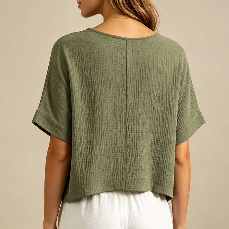 Chic 100% Cotton Muslin Top For Women T-shirt Sexy V-neck Short Sleeve Casual Loose Streetwear Gauze Shirt Ropa Mujer Camisetas