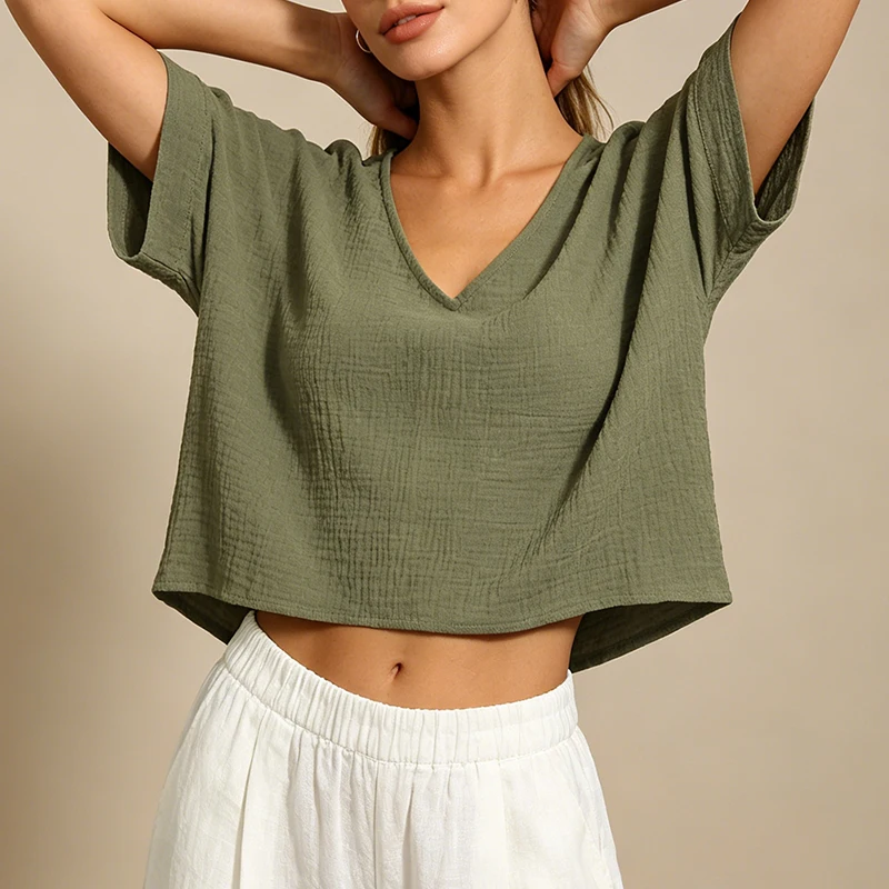 Chic 100% Cotton Muslin Top For Women T-shirt Sexy V-neck Short Sleeve Casual Loose Streetwear Gauze Shirt Ropa Mujer Camisetas