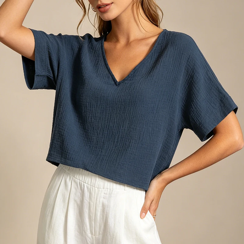 Chic 100% Cotton Muslin Top For Women T-shirt Sexy V-neck Short Sleeve Casual Loose Streetwear Gauze Shirt Ropa Mujer Camisetas