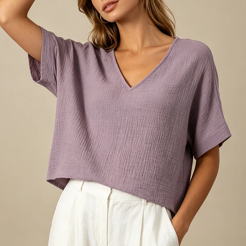 Chic 100% Cotton Muslin Top For Women T-shirt Sexy V-neck Short Sleeve Casual Loose Streetwear Gauze Shirt Ropa Mujer Camisetas