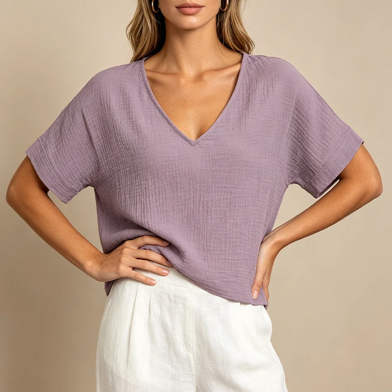 Chic 100% Cotton Muslin Top For Women T-shirt Sexy V-neck Short Sleeve Casual Loose Streetwear Gauze Shirt Ropa Mujer Camisetas