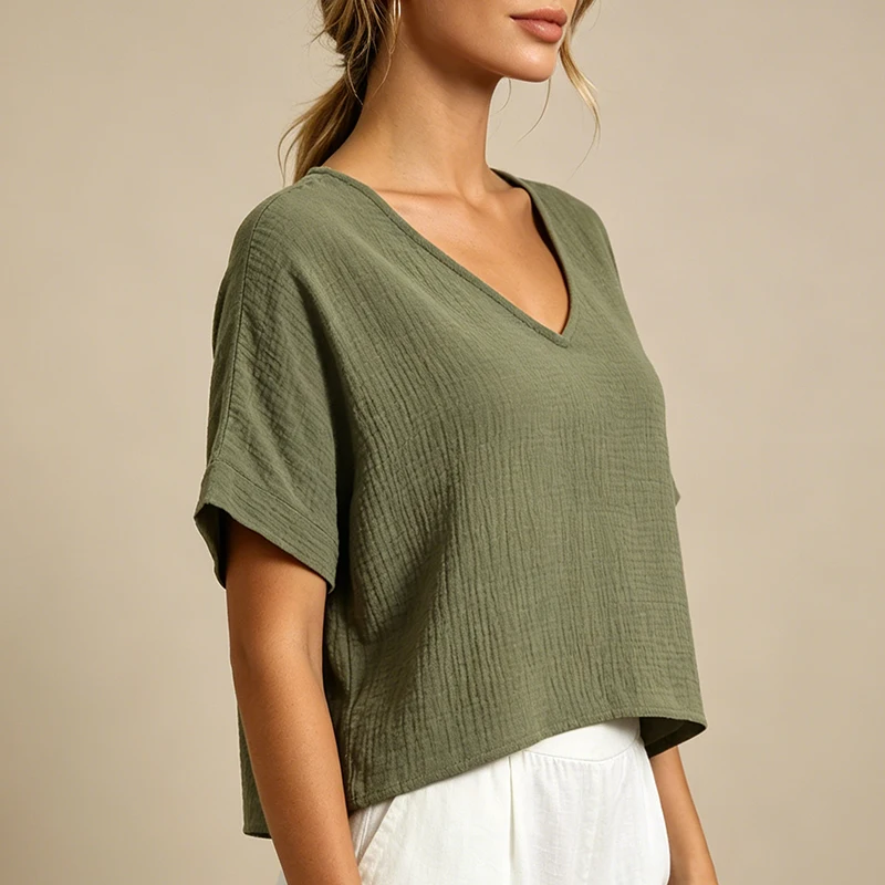 Chic 100% Cotton Muslin Top For Women T-shirt Sexy V-neck Short Sleeve Casual Loose Streetwear Gauze Shirt Ropa Mujer Camisetas