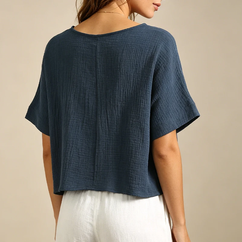 Chic 100% Cotton Muslin Top For Women T-shirt Sexy V-neck Short Sleeve Casual Loose Streetwear Gauze Shirt Ropa Mujer Camisetas