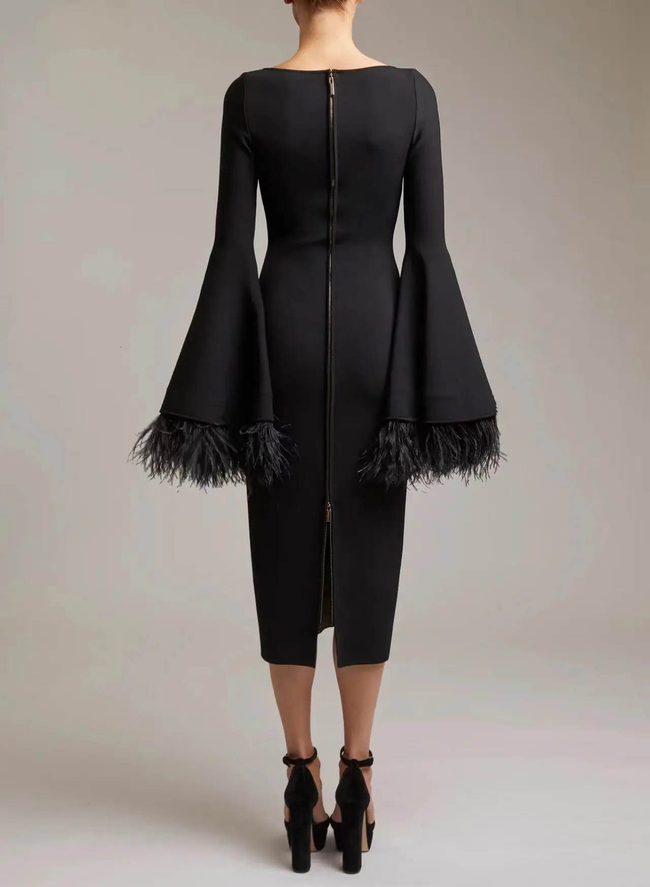 Factory Wholesale Women's Black Long Sleeve Feather Fashion Medium Length Boutique Celebrity Cocktail Party Bandage Dress