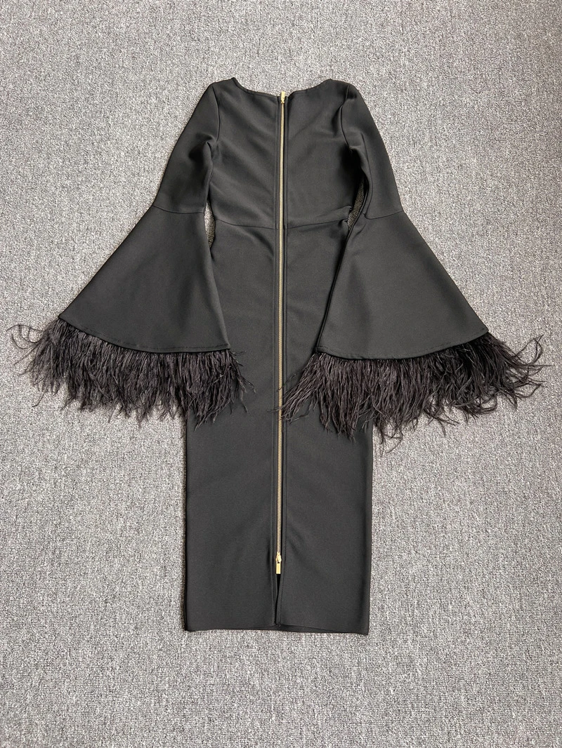 Factory Wholesale Women's Black Long Sleeve Feather Fashion Medium Length Boutique Celebrity Cocktail Party Bandage Dress