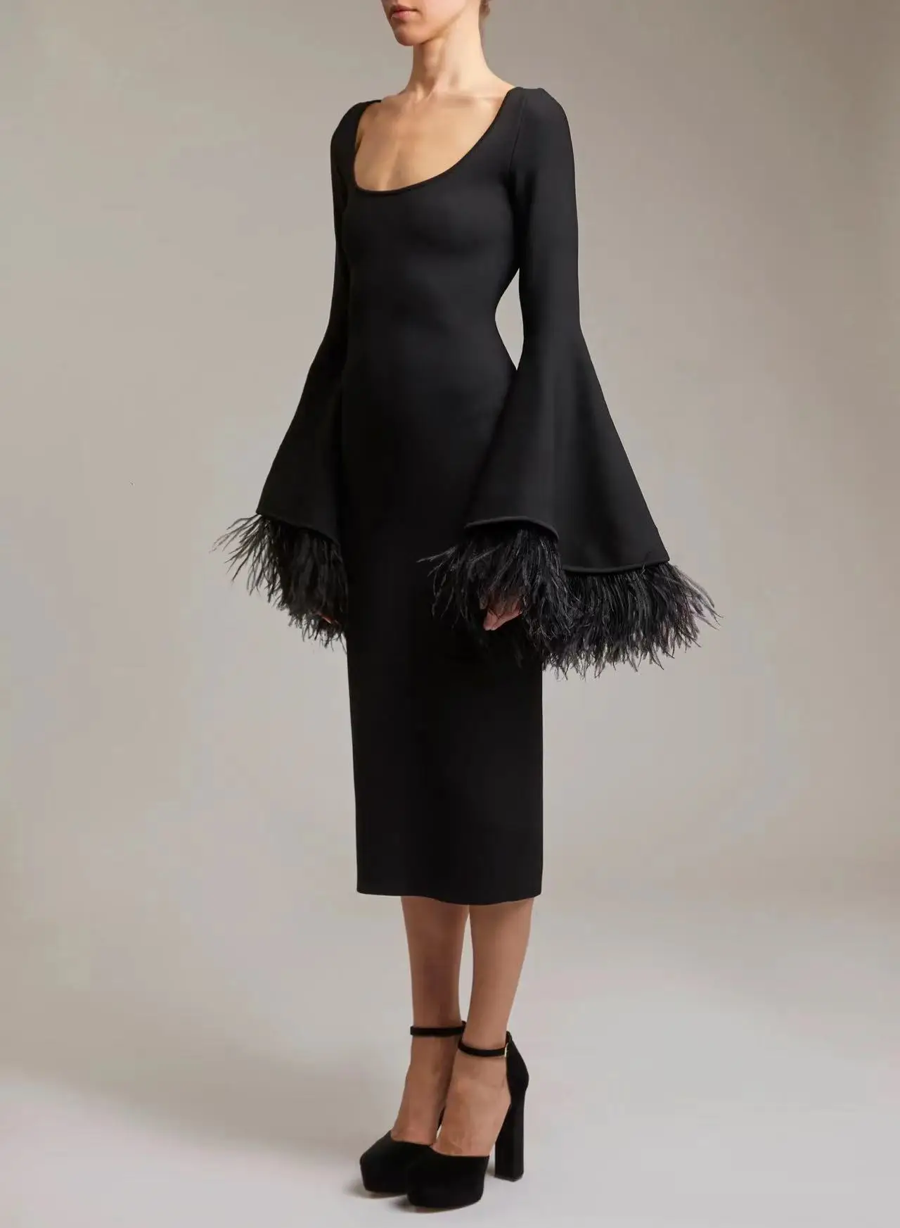 Factory Wholesale Women's Black Long Sleeve Feather Fashion Medium Length Boutique Celebrity Cocktail Party Bandage Dress
