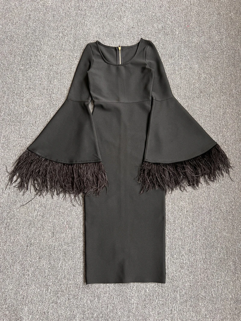 Factory Wholesale Women's Black Long Sleeve Feather Fashion Medium Length Boutique Celebrity Cocktail Party Bandage Dress