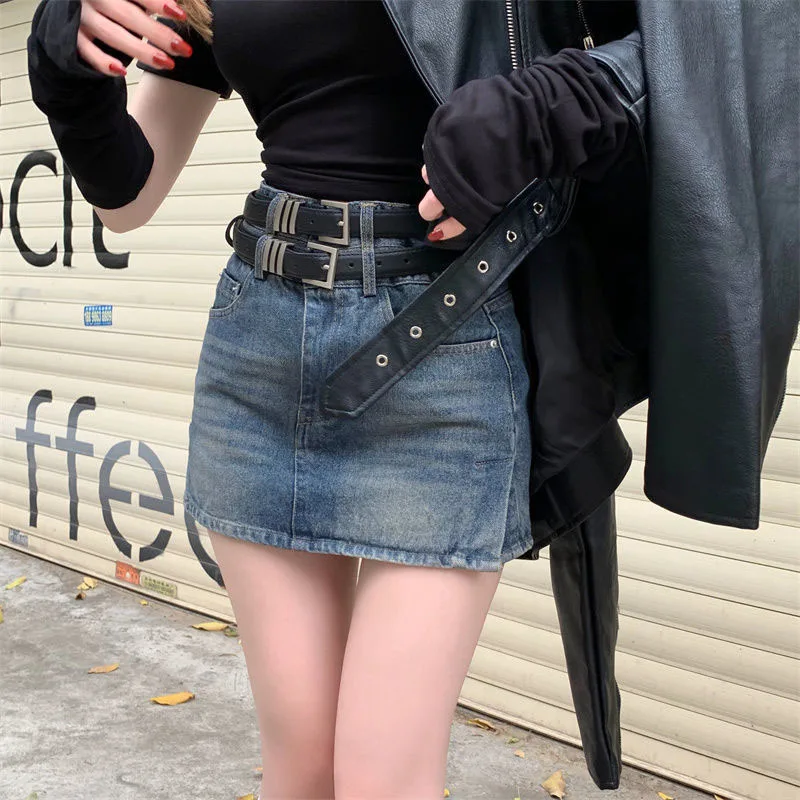 American Style Hot Chick Jean Skirts Women Fashion High Street Belt Slim Fit Mini Skirt Female Vintage High Waist Denim Skirts