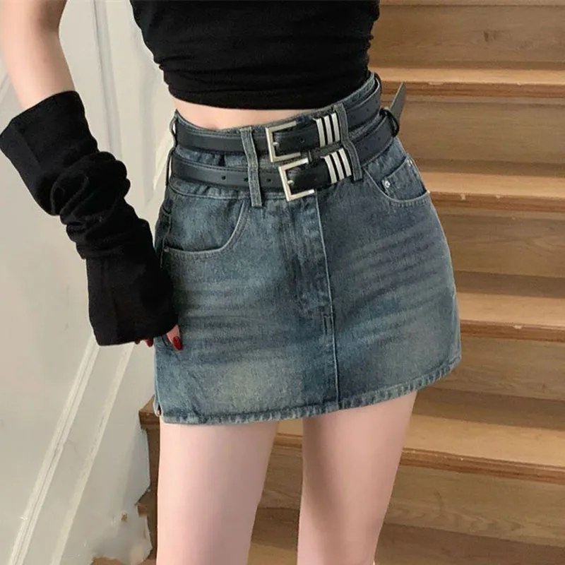 American Style Hot Chick Jean Skirts Women Fashion High Street Belt Slim Fit Mini Skirt Female Vintage High Waist Denim Skirts