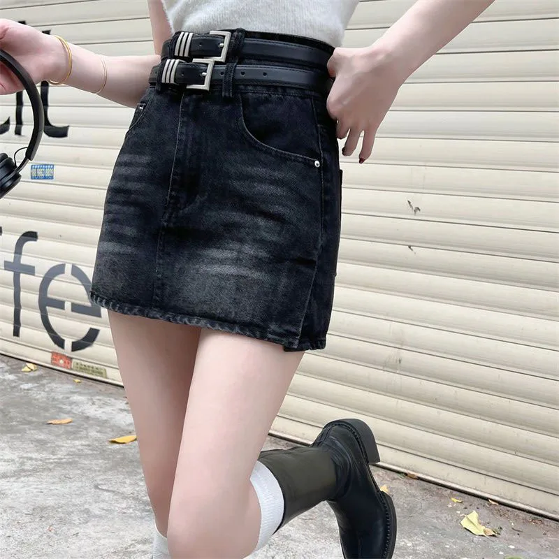 American Style Hot Chick Jean Skirts Women Fashion High Street Belt Slim Fit Mini Skirt Female Vintage High Waist Denim Skirts