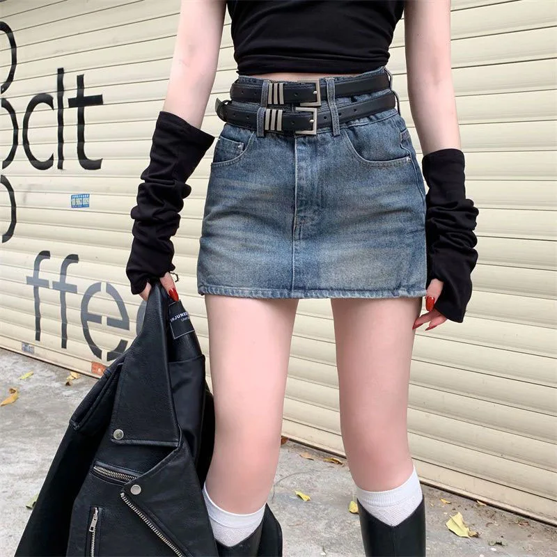 American Style Hot Chick Jean Skirts Women Fashion High Street Belt Slim Fit Mini Skirt Female Vintage High Waist Denim Skirts