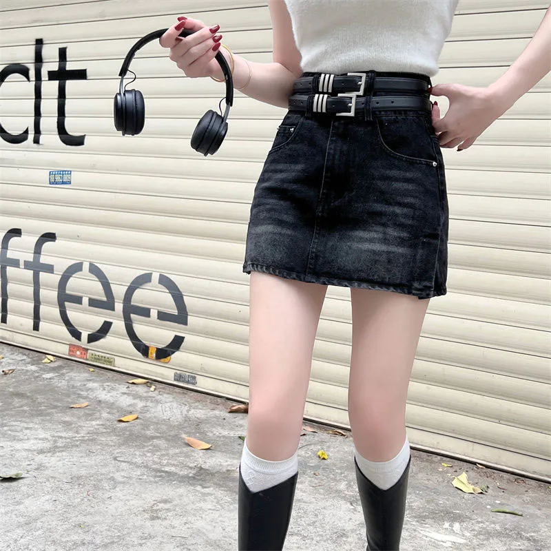 American Style Hot Chick Jean Skirts Women Fashion High Street Belt Slim Fit Mini Skirt Female Vintage High Waist Denim Skirts