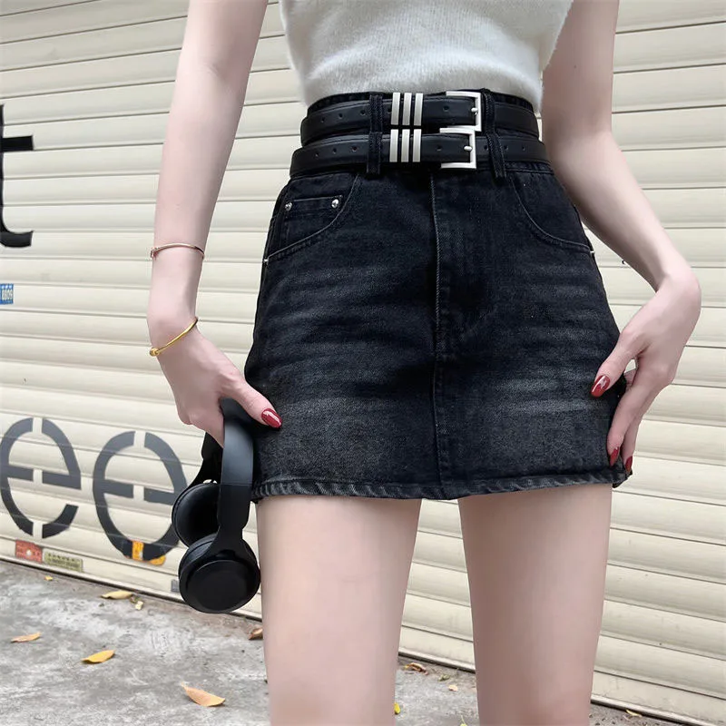 American Style Hot Chick Jean Skirts Women Fashion High Street Belt Slim Fit Mini Skirt Female Vintage High Waist Denim Skirts