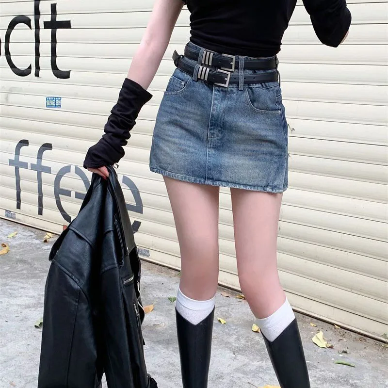 American Style Hot Chick Jean Skirts Women Fashion High Street Belt Slim Fit Mini Skirt Female Vintage High Waist Denim Skirts