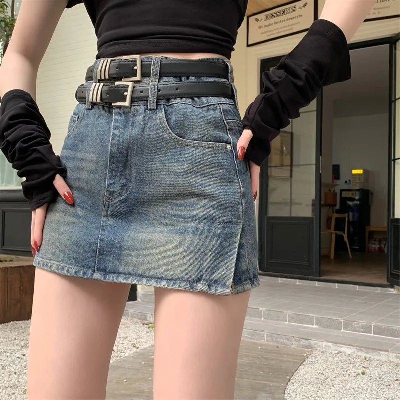 American Style Hot Chick Jean Skirts Women Fashion High Street Belt Slim Fit Mini Skirt Female Vintage High Waist Denim Skirts