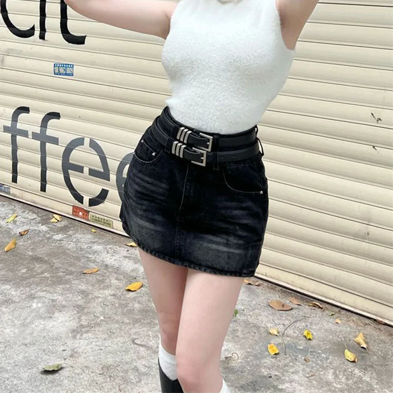American Style Hot Chick Jean Skirts Women Fashion High Street Belt Slim Fit Mini Skirt Female Vintage High Waist Denim Skirts