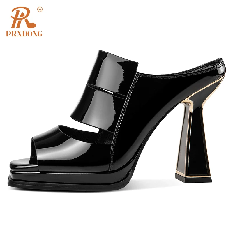 PRXDONG Women's Shoes New 2023 Summer Brand Genuine Leather High Heel Open Toe Black White Dress Party Female Sandals Size 34-39