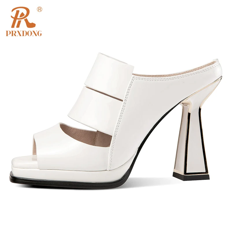 PRXDONG Women's Shoes New 2023 Summer Brand Genuine Leather High Heel Open Toe Black White Dress Party Female Sandals Size 34-39