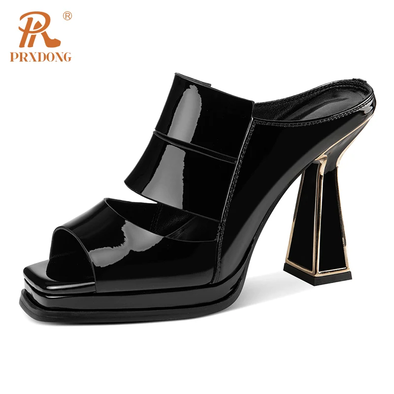 PRXDONG Women's Shoes New 2023 Summer Brand Genuine Leather High Heel Open Toe Black White Dress Party Female Sandals Size 34-39