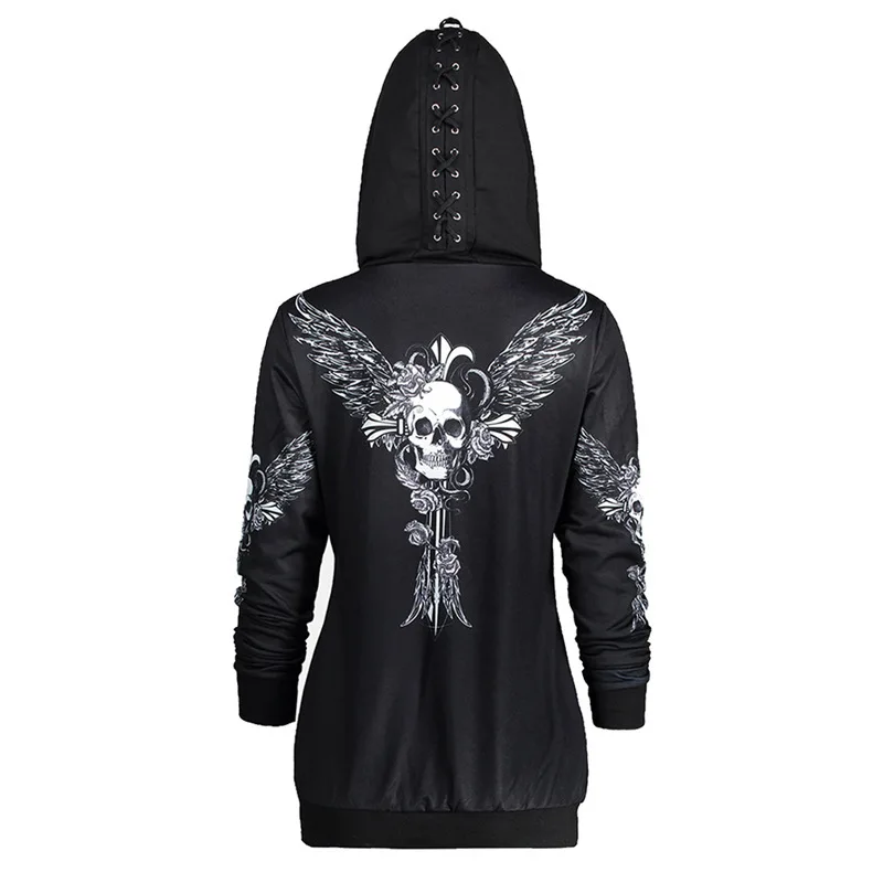 New Women Gothic 3d Skull Printed Hoodie Coat Black Long Sleeves Zip Up Loose Casual Hooded Jacket Aldult Darkness Sweatshirt