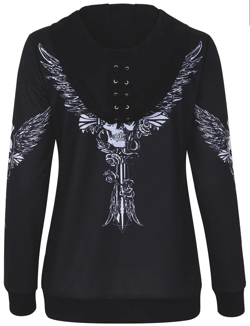 New Women Gothic 3d Skull Printed Hoodie Coat Black Long Sleeves Zip Up Loose Casual Hooded Jacket Aldult Darkness Sweatshirt