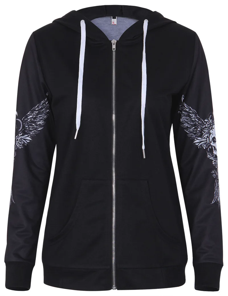 New Women Gothic 3d Skull Printed Hoodie Coat Black Long Sleeves Zip Up Loose Casual Hooded Jacket Aldult Darkness Sweatshirt