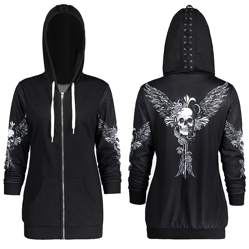 New Women Gothic 3d Skull Printed Hoodie Coat Black Long Sleeves Zip Up Loose Casual Hooded Jacket Aldult Darkness Sweatshirt