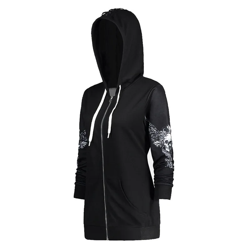New Women Gothic 3d Skull Printed Hoodie Coat Black Long Sleeves Zip Up Loose Casual Hooded Jacket Aldult Darkness Sweatshirt