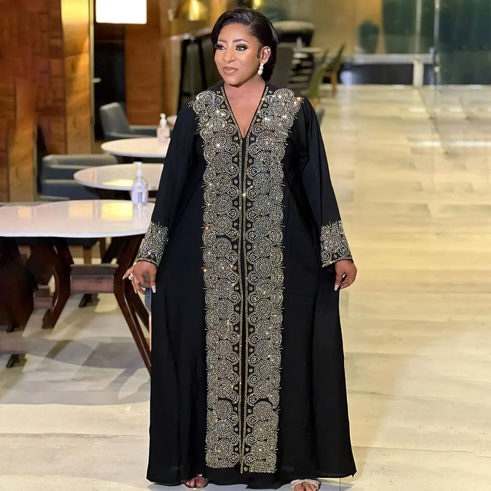 African Mother Luxury Robe Skirt Loose Fashion V-Neck Diamond Long Sleeve