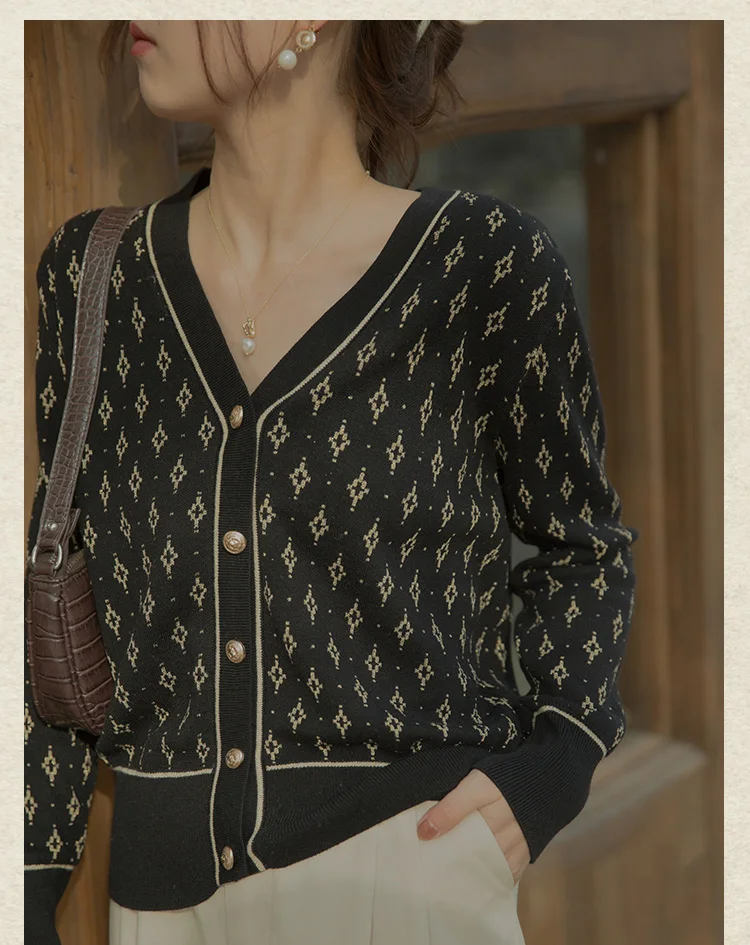 Autumn Winter Women Wool Blend Sweater Slim V-neck Cardigan Female Warm Casual Knitted Printing Bottoming Coat Comfortable Tops