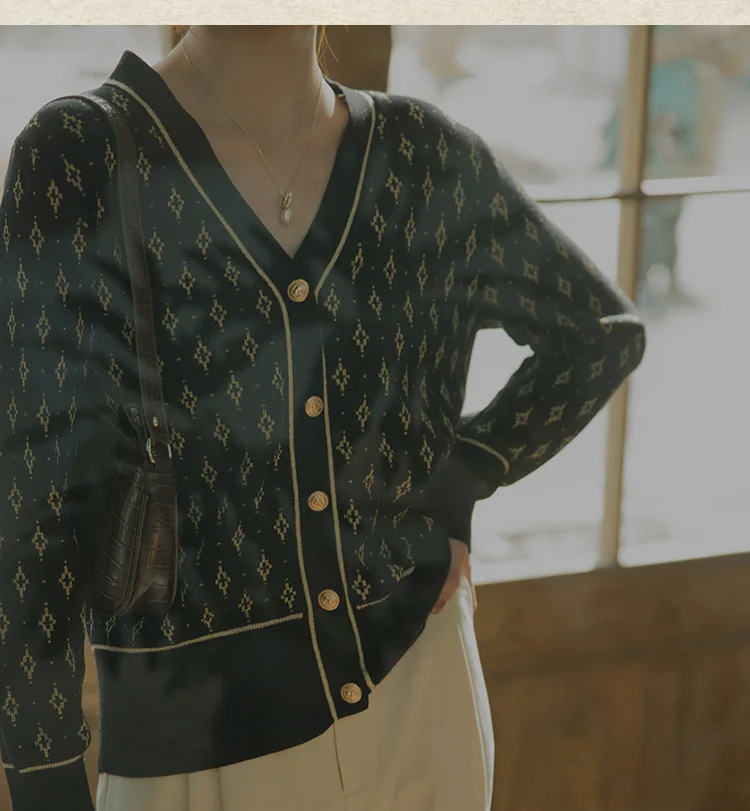 Autumn Winter Women Wool Blend Sweater Slim V-neck Cardigan Female Warm Casual Knitted Printing Bottoming Coat Comfortable Tops