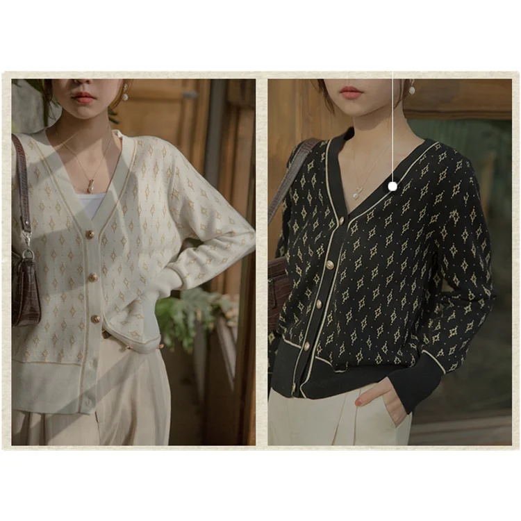 Autumn Winter Women Wool Blend Sweater Slim V-neck Cardigan Female Warm Casual Knitted Printing Bottoming Coat Comfortable Tops